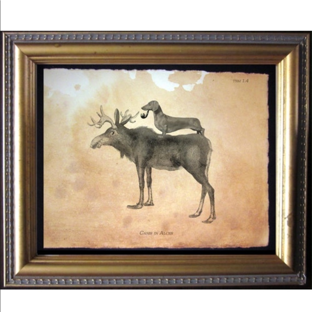 Dachshund on Moose Wall Art Print Tea Stained